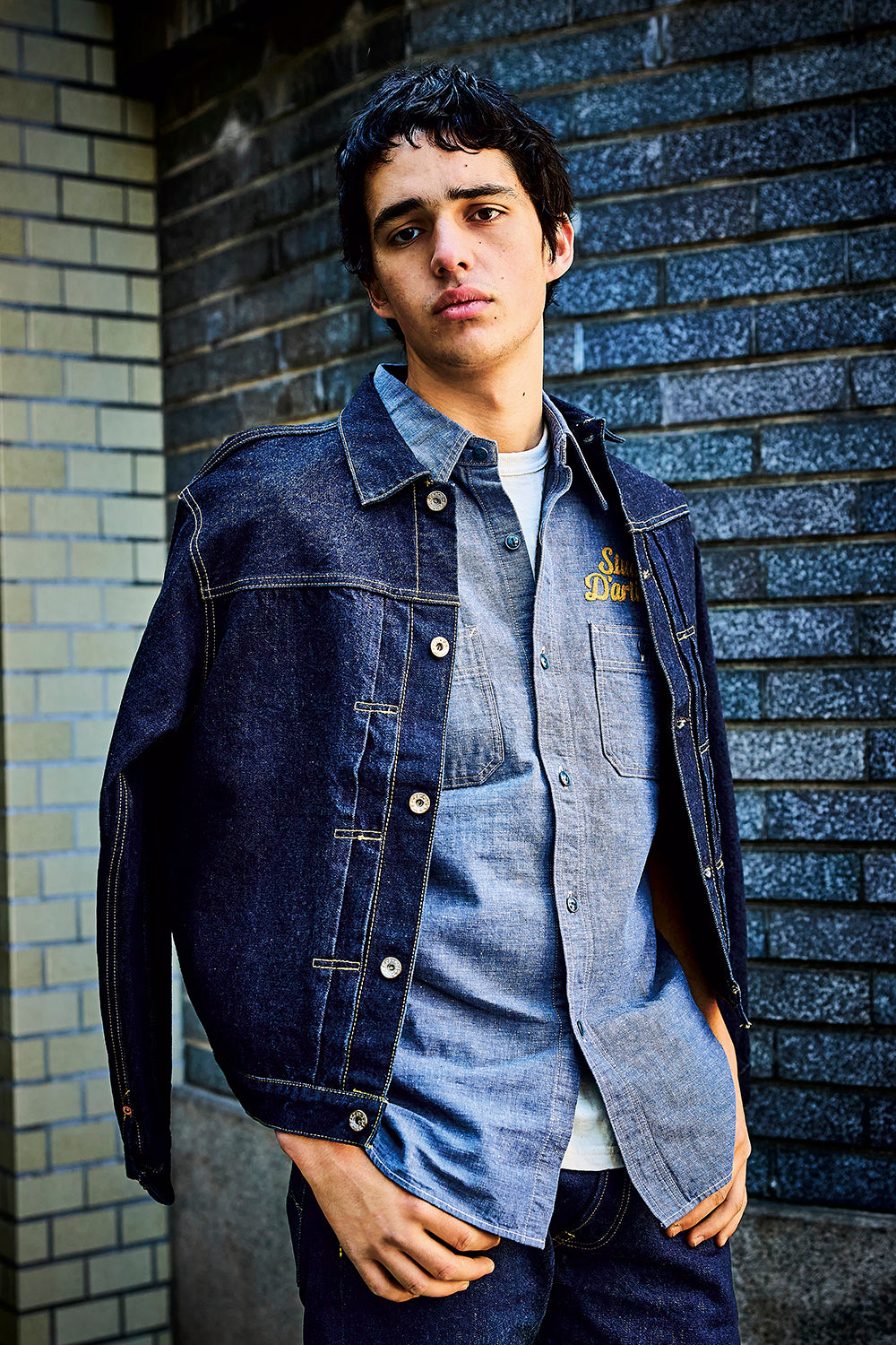 刺繍シャンブレー半袖シャツ【5723S】